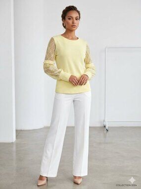 Yellow Lace Sleeve Blouse Pearl Cuff Detail Size M